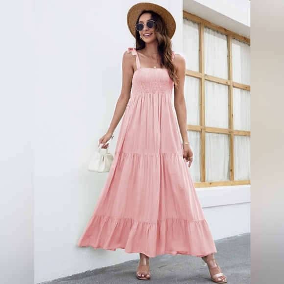Pink Midi Tiered Dress Shoulder Ties Flowy Bohemian Smocked Tie Maxi Vacation - Picture 5 of 9